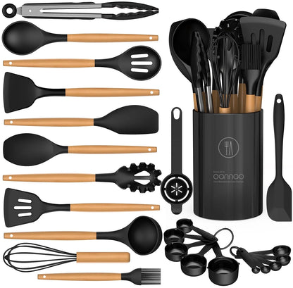 Silicone Cooking Utensil Set with Wooden Handles, Heat Resistant up to 446°F, BPA-Free Kitchen Tools with Holder for Non-Stick Cookware (Black)