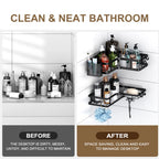 5 PCS Corner Shower Caddy, No Drilling Stainless Steel Shower Storage Rack with Hooks & Toothpaste Holder for Bathroom, Black