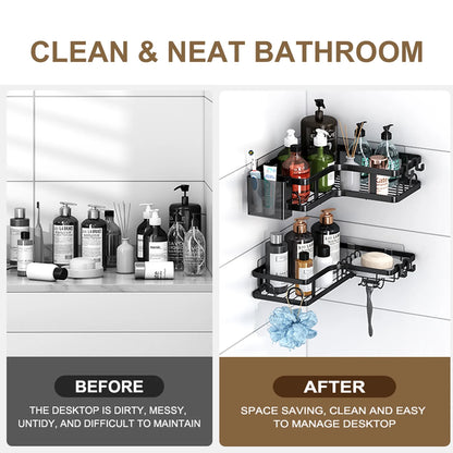 5 PCS Corner Shower Caddy, No Drilling Stainless Steel Shower Storage Rack with Hooks & Toothpaste Holder for Bathroom, Black