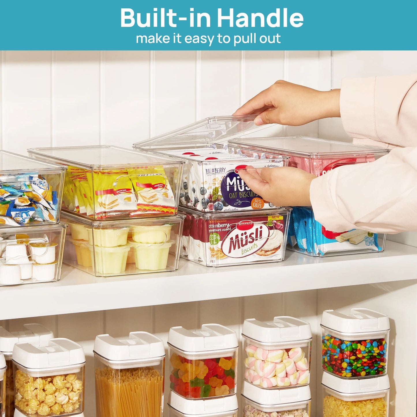 6Pcs Clear Organizers Bins with Lids, Stackable Plastic Storage Containers with Handles