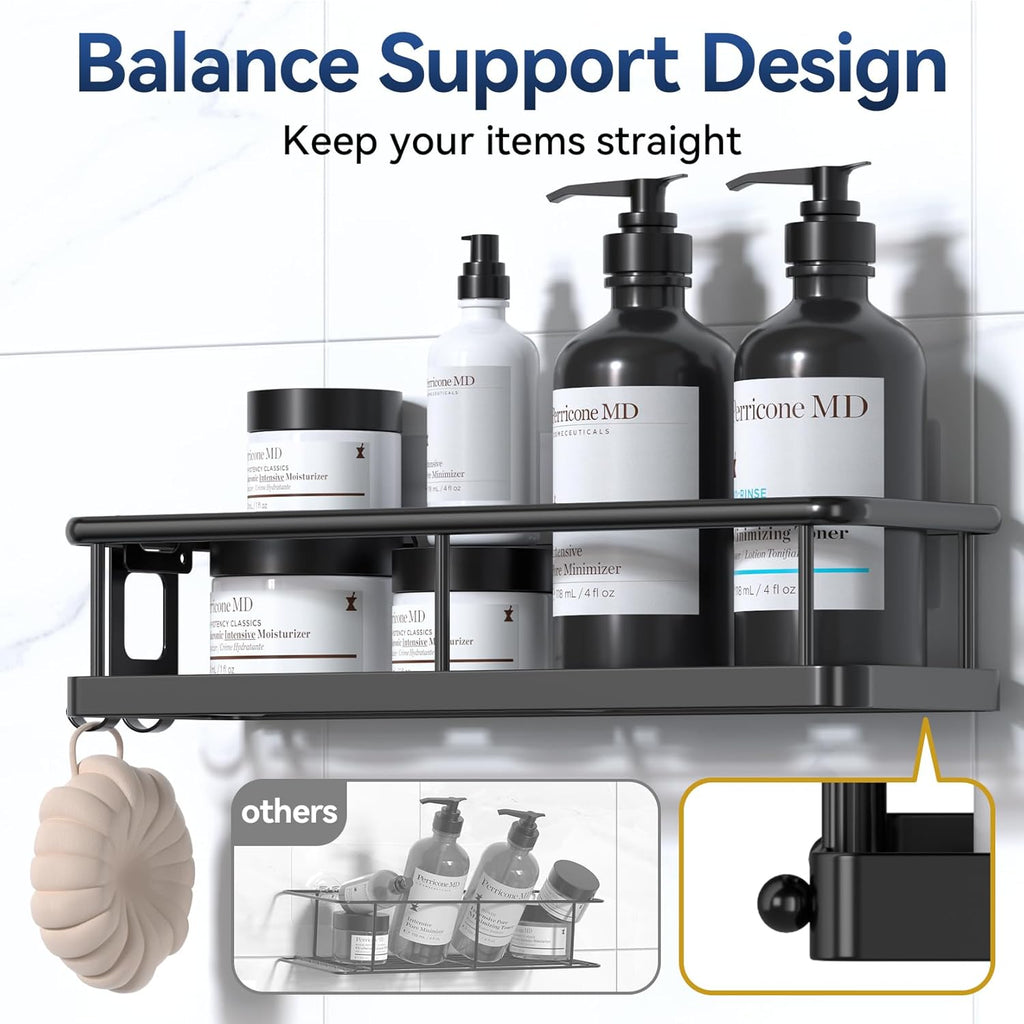 Adhesive Rustproof Shower Caddy with Removable Hooks, Large Capacity Bathroom Organizer, No-Drill Storage Shelf, Black