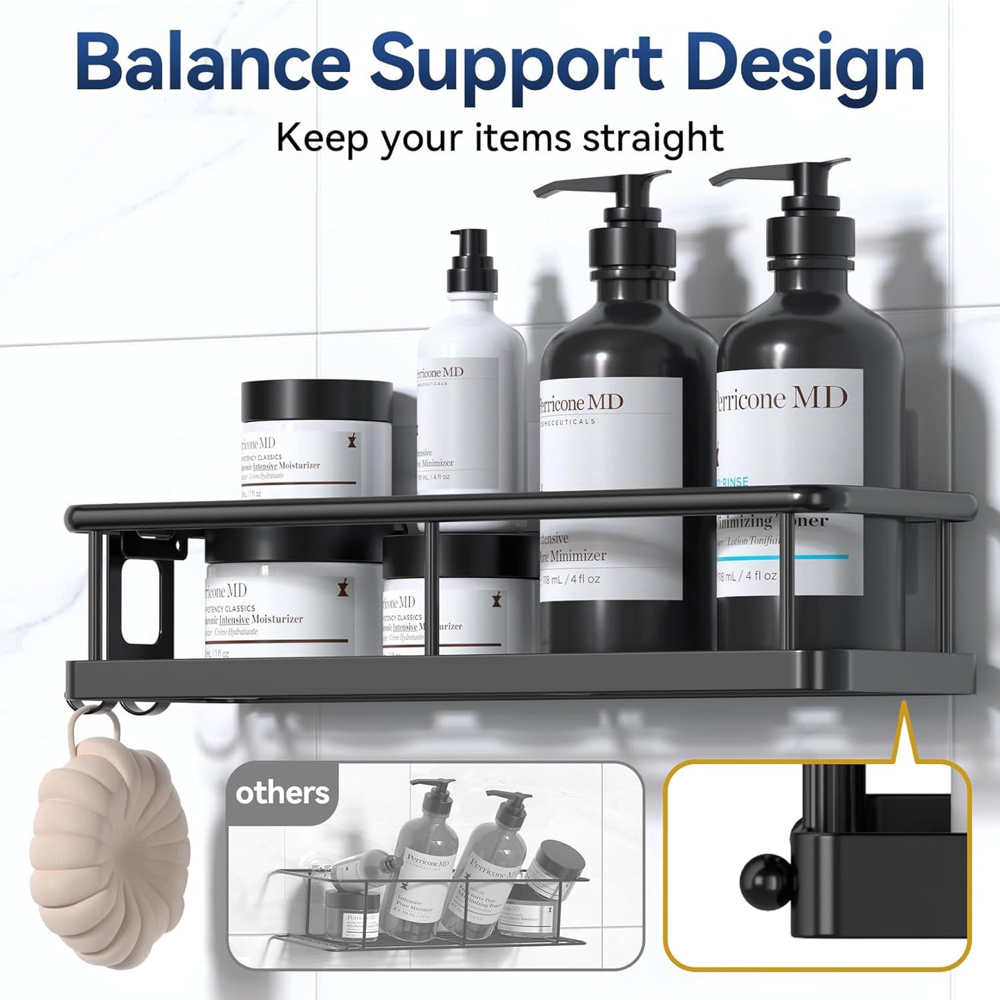 Adhesive Rustproof Shower Caddy with Removable Hooks, Large Capacity Bathroom Organizer, No-Drill Storage Shelf, Black