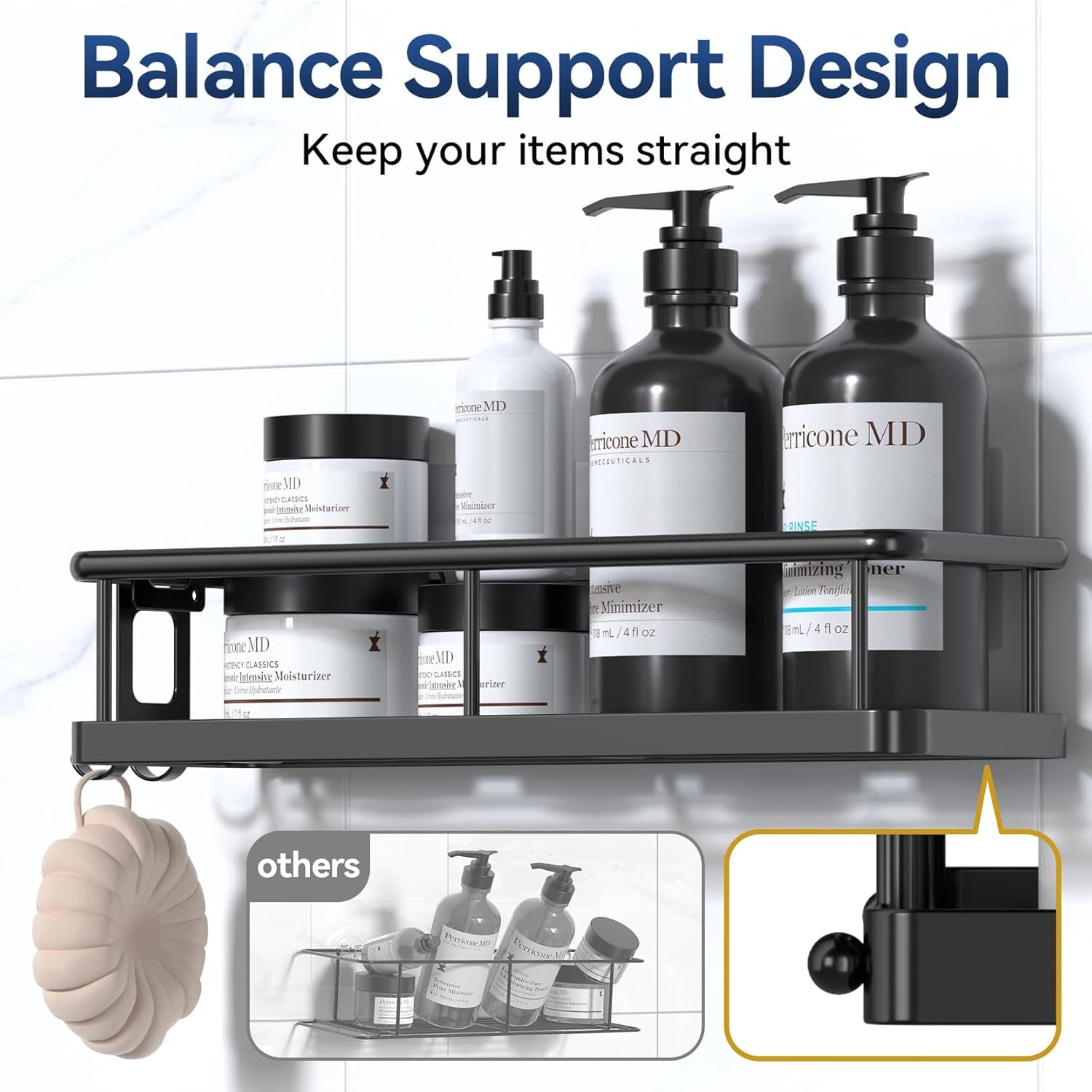 Adhesive Rustproof Shower Caddy with Removable Hooks, Large Capacity Bathroom Organizer, No-Drill Storage Shelf, Black