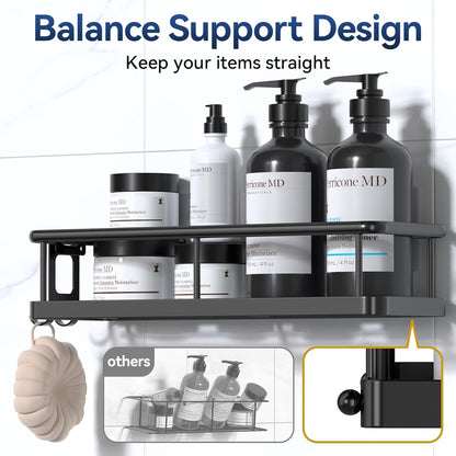 Adhesive Rustproof Shower Caddy with Removable Hooks, Large Capacity Bathroom Organizer, No-Drill Storage Shelf, Black