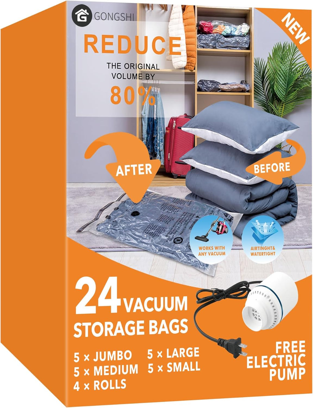 24-Pack Vacuum Storage Bags with Electric Pump – Jumbo, Large, Medium, Small & Roll-Up Bags for Clothes, Bedding, Pillows & Travel