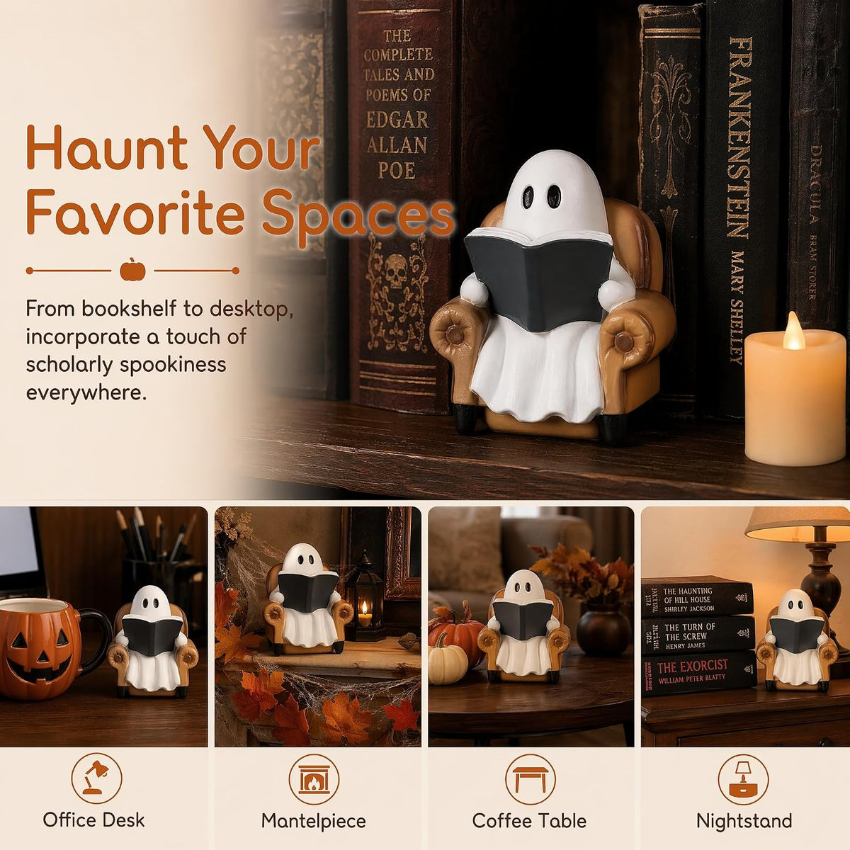 Ghost Reading Book Figurines Ghosts Halloween Decor Cute Ghost Decor Halloween Decorations Indoor Book Lover Gifts