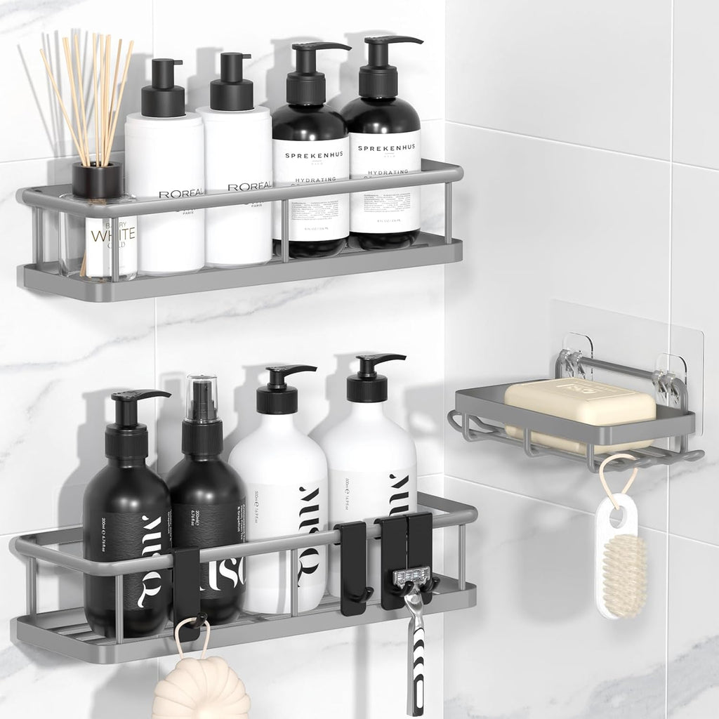 Adhesive Rustproof Shower Caddy with Removable Hooks, Large Capacity Bathroom Organizer, No-Drill Storage Shelf, Black