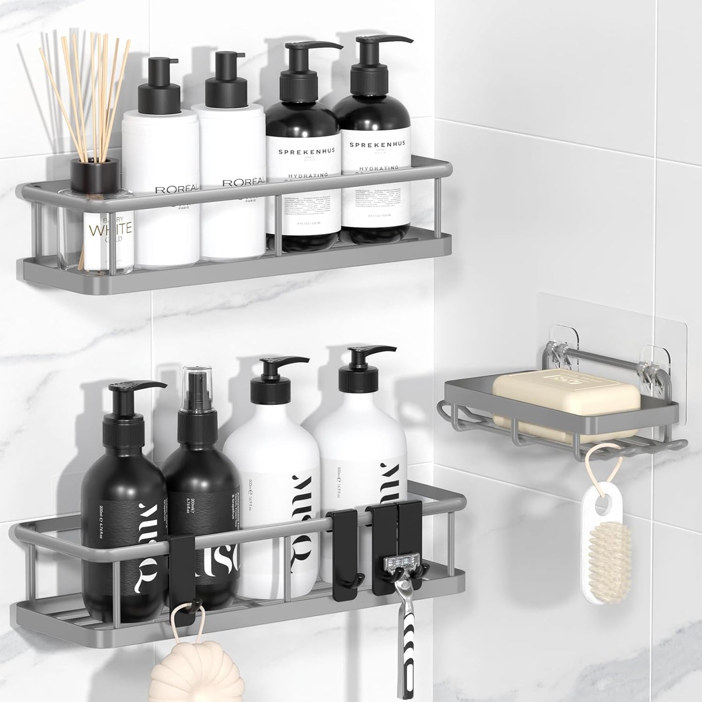 Adhesive Rustproof Shower Caddy with Removable Hooks, Large Capacity Bathroom Organizer, No-Drill Storage Shelf, Black