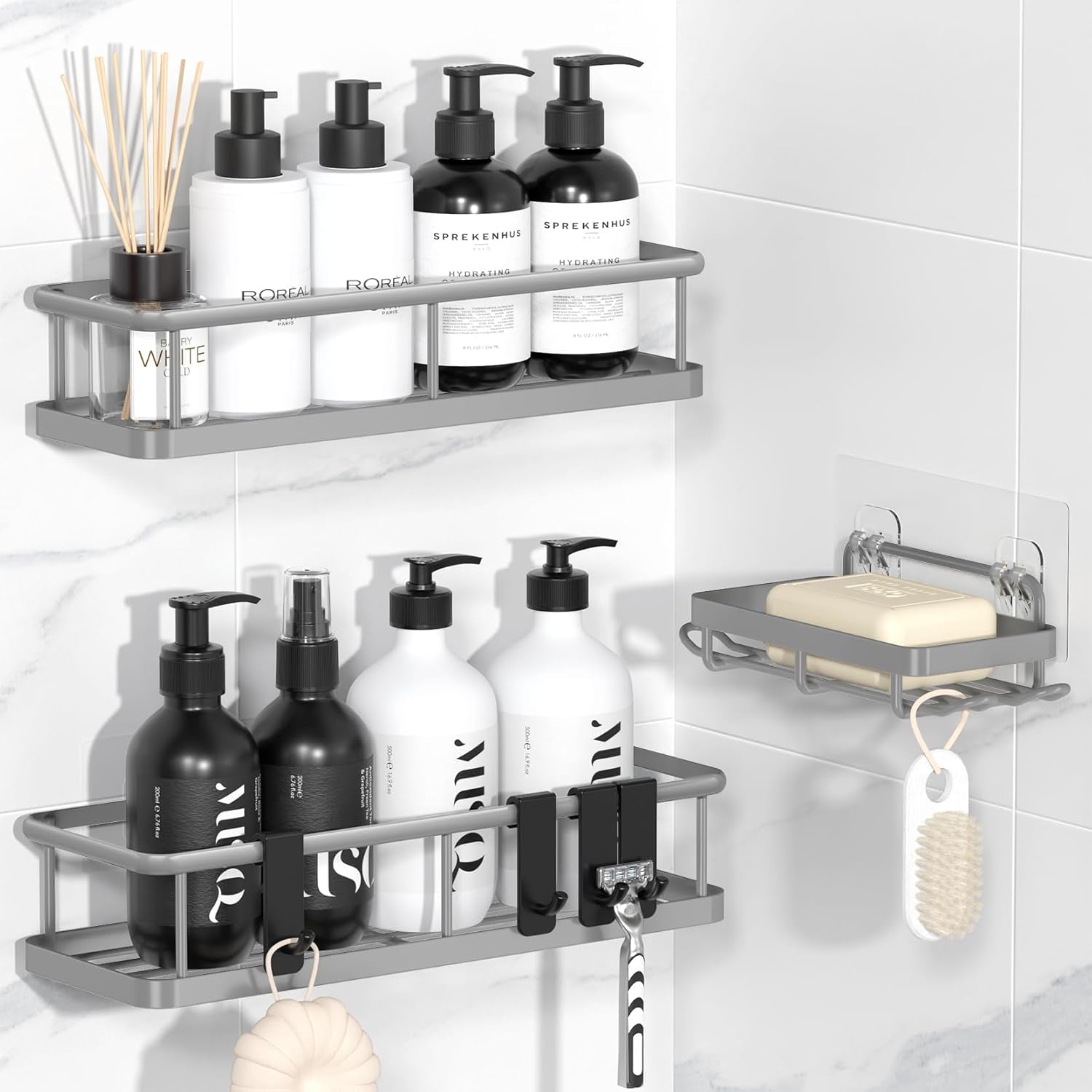 Adhesive Rustproof Shower Caddy with Removable Hooks, Large Capacity Bathroom Organizer, No-Drill Storage Shelf, Black