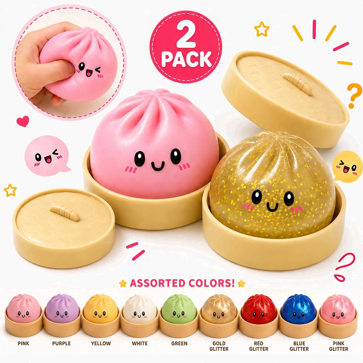 Dumpling Squishy Giant 4 Inch Jumbo Dumpling Stress Ball, Rainbow Mystery Squeezy Bun, Soft Squeeze Decompression Dough for Adults, Anxiety Relief Fidget 2 PCS