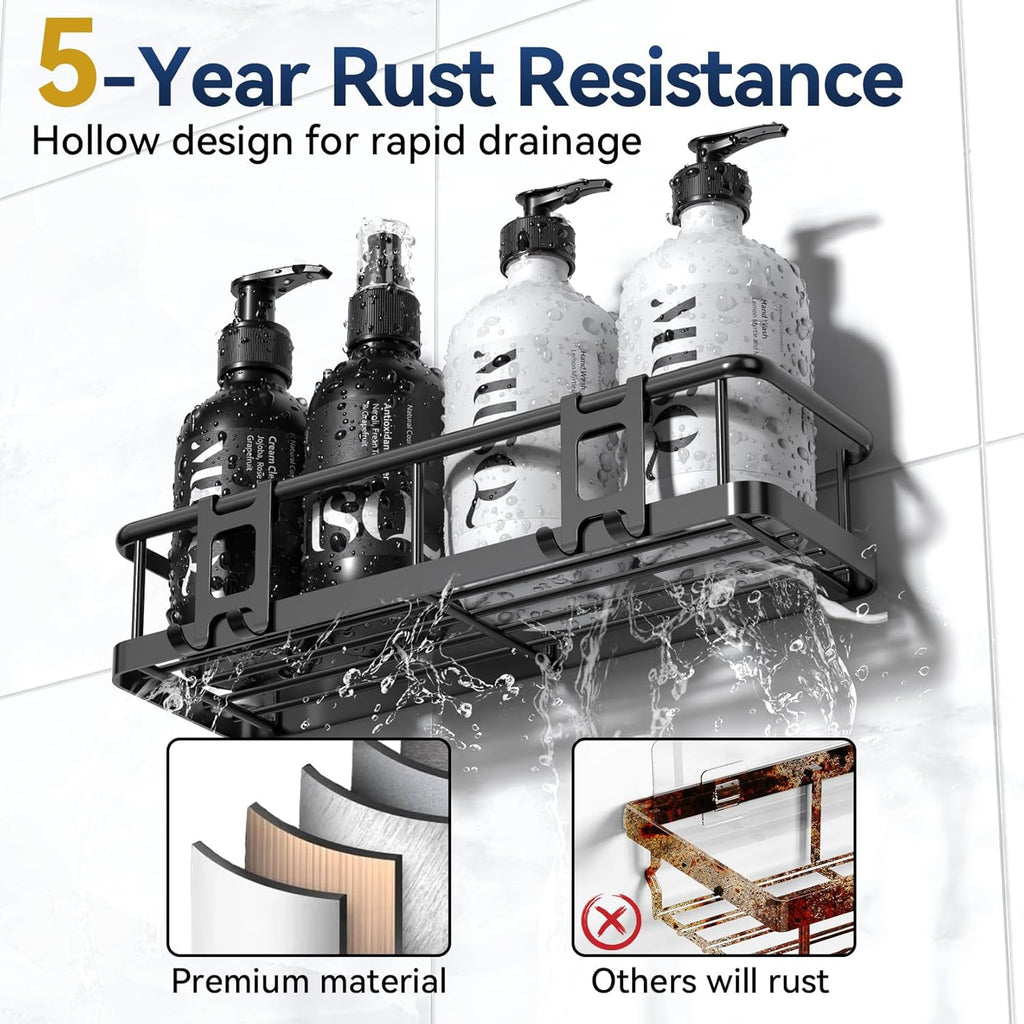 Adhesive Rustproof Shower Caddy with Removable Hooks, Large Capacity Bathroom Organizer, No-Drill Storage Shelf, Black