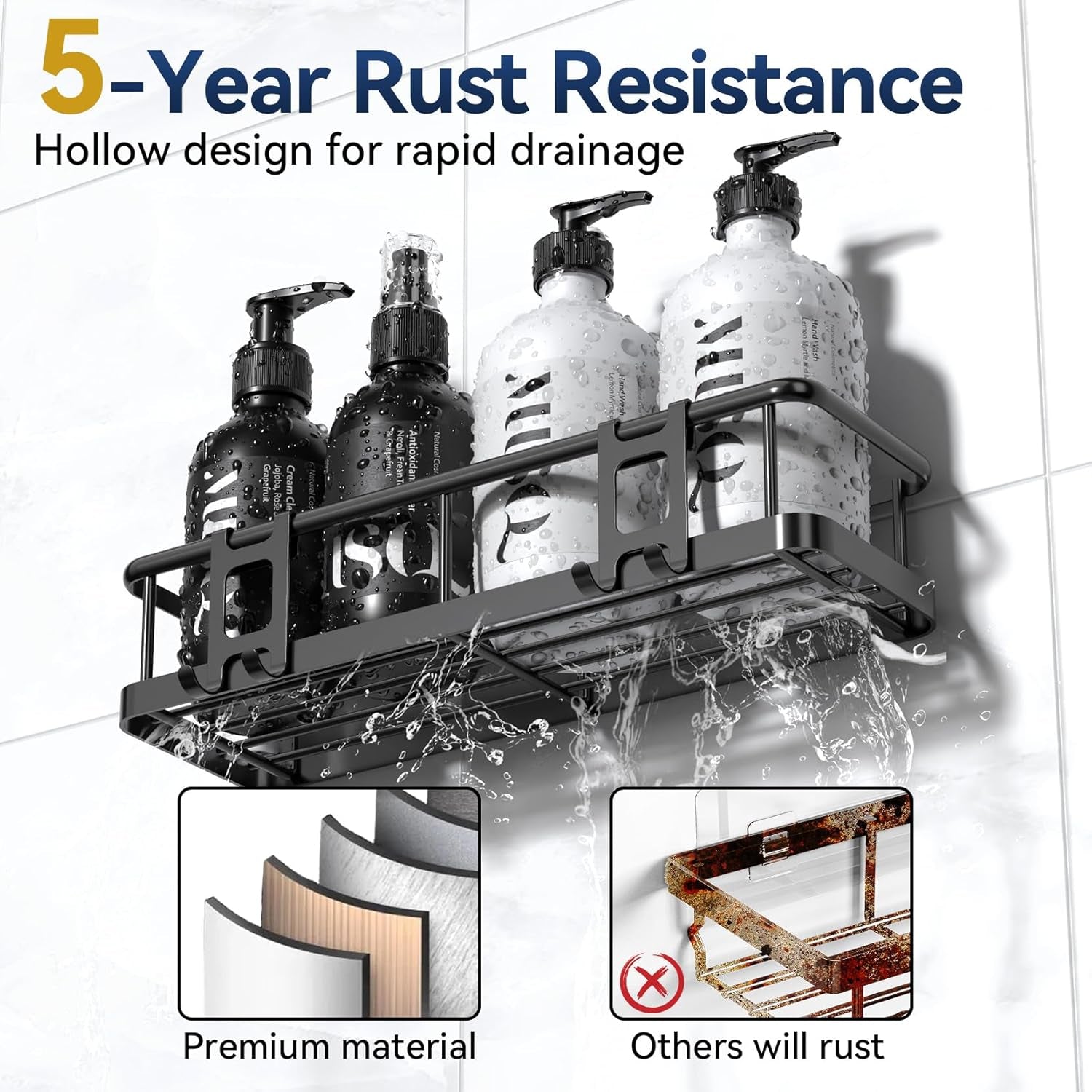 Adhesive Rustproof Shower Caddy with Removable Hooks, Large Capacity Bathroom Organizer, No-Drill Storage Shelf, Black