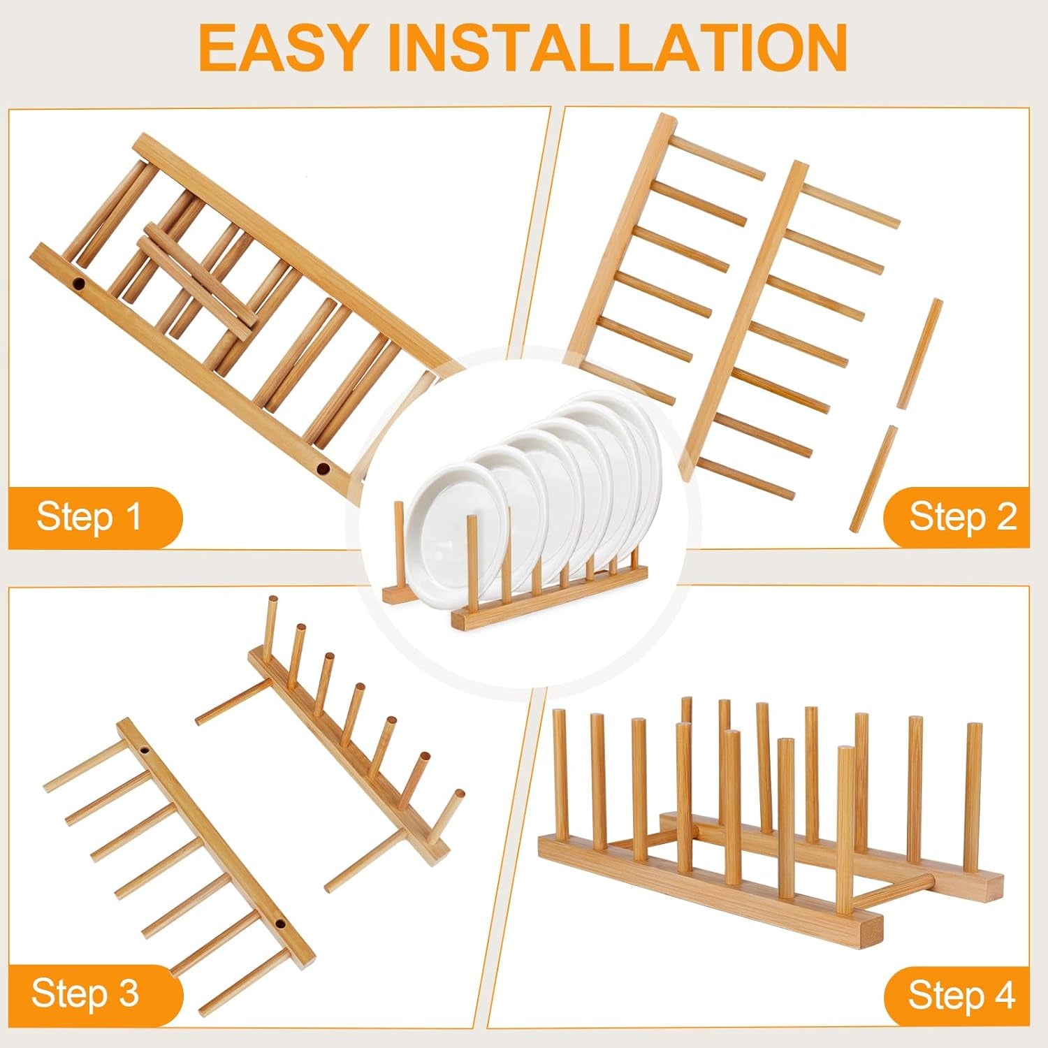 2-Pack Bamboo Wooden Dish Racks, Vertical Plate & Pot Holders for Kitchen Cabinet, Bowls, Cups, Lids, Cutting Boards & Books