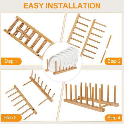 2-Pack Bamboo Wooden Dish Racks, Vertical Plate & Pot Holders for Kitchen Cabinet, Bowls, Cups, Lids, Cutting Boards & Books