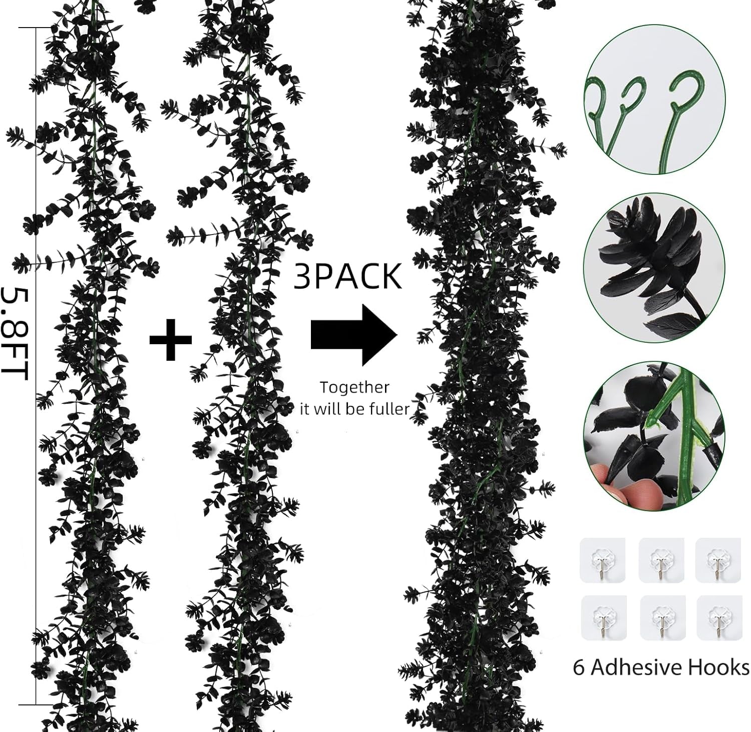 3-Pack Black Artificial Eucalyptus Garland with Flowers, Halloween & Fall Party Decor, Fake Floral Greenery for Wall Backdrop