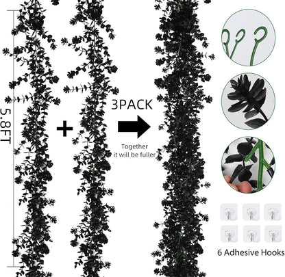 3-Pack Black Artificial Eucalyptus Garland with Flowers, Halloween & Fall Party Decor, Fake Floral Greenery for Wall Backdrop