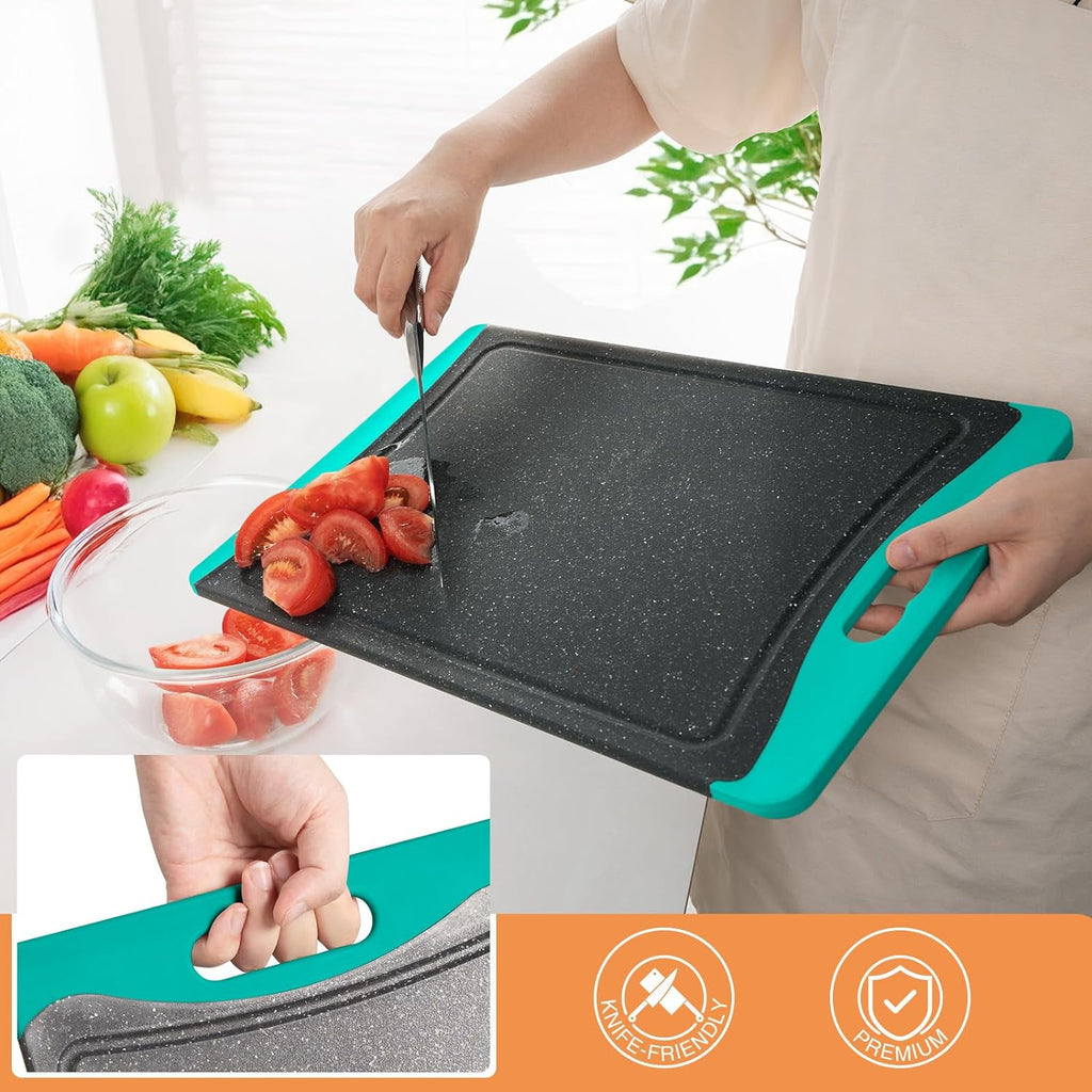 3-Pack Extra Large Plastic Cutting Boards with Juice Grooves & Easy-Grip Handles, Dishwasher Safe, Turquoise