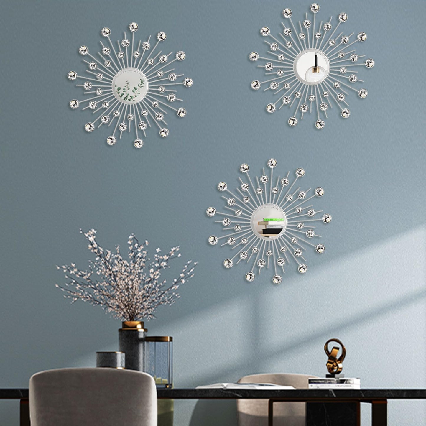3-Pack Crystal Sunburst Wall Mirrors with Rhinestones, Silver Decorative Home Wall Art for Living Room, Bedroom & Entryway