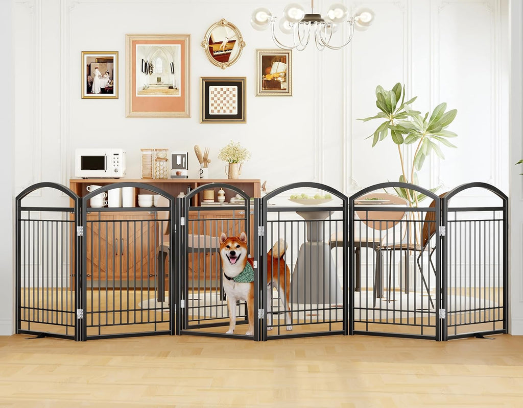 Folding Metal Dog Gate with Door, Freestanding Pet Fence