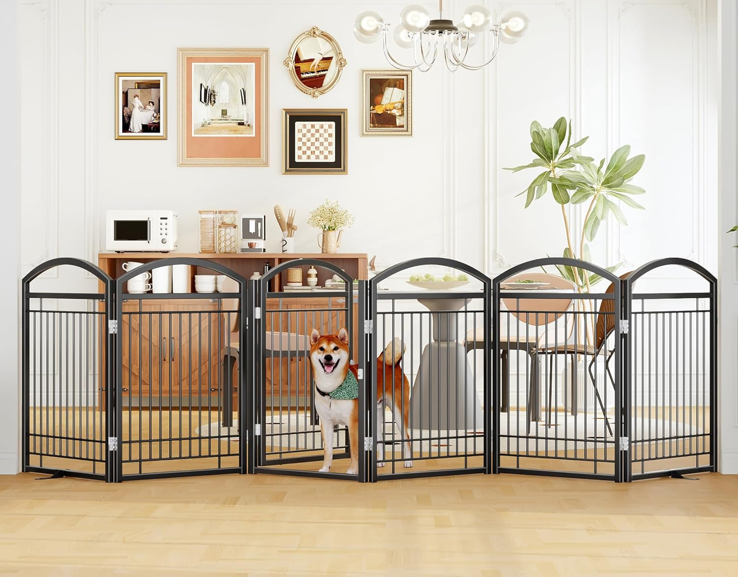 Folding Metal Dog Gate with Door, Freestanding Pet Fence