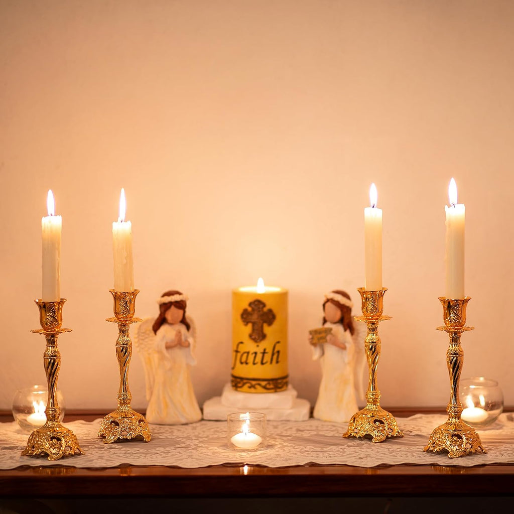 Set of 2 Gold Taper Candle Holders, 7.4" Ornate Candlesticks for Shabbat, Weddings, Christmas & Centerpieces