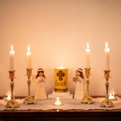 Set of 2 Gold Taper Candle Holders, 7.4" Ornate Candlesticks for Shabbat, Weddings, Christmas & Centerpieces