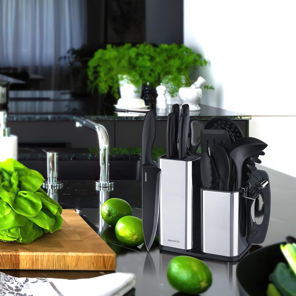 RAXCO Kitchen Utensils Set,18-Piece Cooking Utensils and Knife Set,Black | Food-Grade Silicone Heat-Safe to 410°F, Detachable Stainless Steel Holder, 5 Kitchen Knives and Cutting Board All-In-One