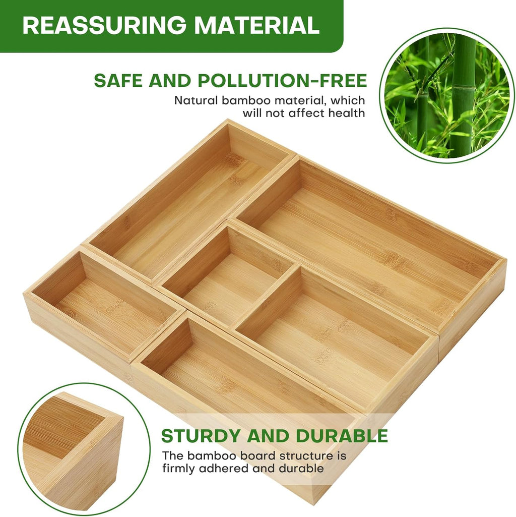 Bamboo Drawer Organizer Set, 5 PCS Multi-Use Individual Wood Storage Organizers, , Office Desk, Makeup, Jewelry, Utensils