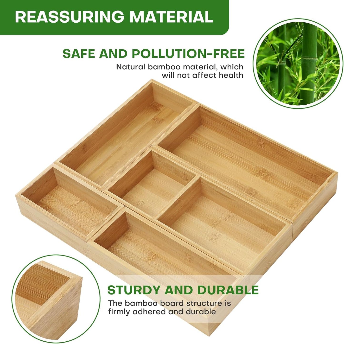 Bamboo Drawer Organizer Set, 5 PCS Multi-Use Individual Wood Storage Organizers, , Office Desk, Makeup, Jewelry, Utensils