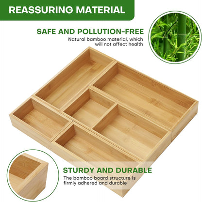 Bamboo Drawer Organizer Set, 5 PCS Multi-Use Individual Wood Storage Organizers, , Office Desk, Makeup, Jewelry, Utensils