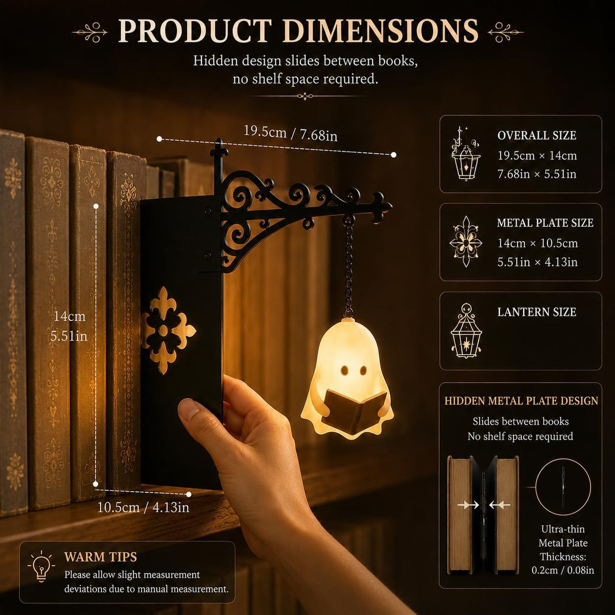 Decorative ghost bookshelf lamp creating a cozy reading nook atmosphere
