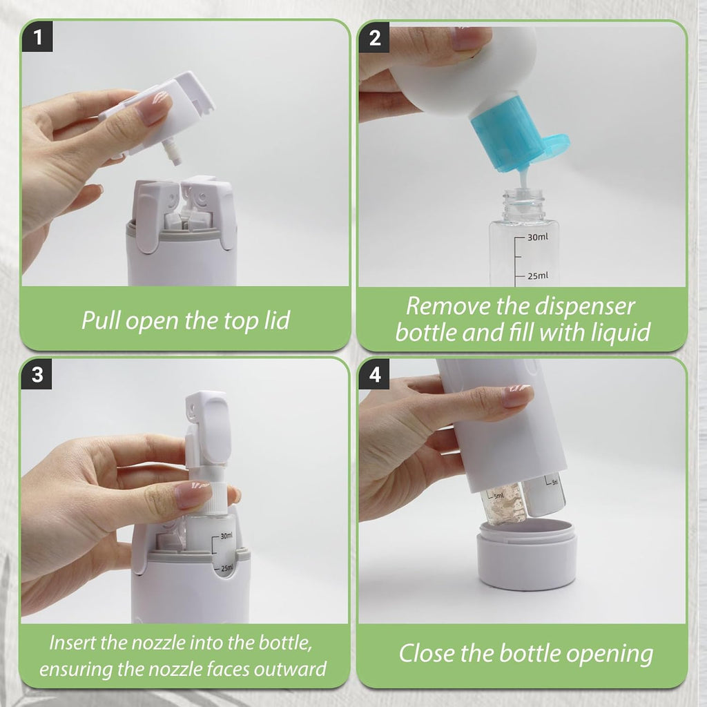 4 in 1 Travel Dispenser Bottle with Cleaning Brush,4 Pack 30Ml Leak Proof Refillable Travel Size Toiletries Containers for Shampoo Conditioner,Portable Travel Bottles Set for Vacation Camping & Gym