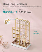 SONGMICS Necklace Holder, Jewelry Stand Holder Organizer, Jewelry Display with Metal Frame, Velvet Tray, Earring Bracelet Holder, for Gift Idea, 4.5 X 7.7 X 12.1 Inch, Pale Gold UJJS021A01