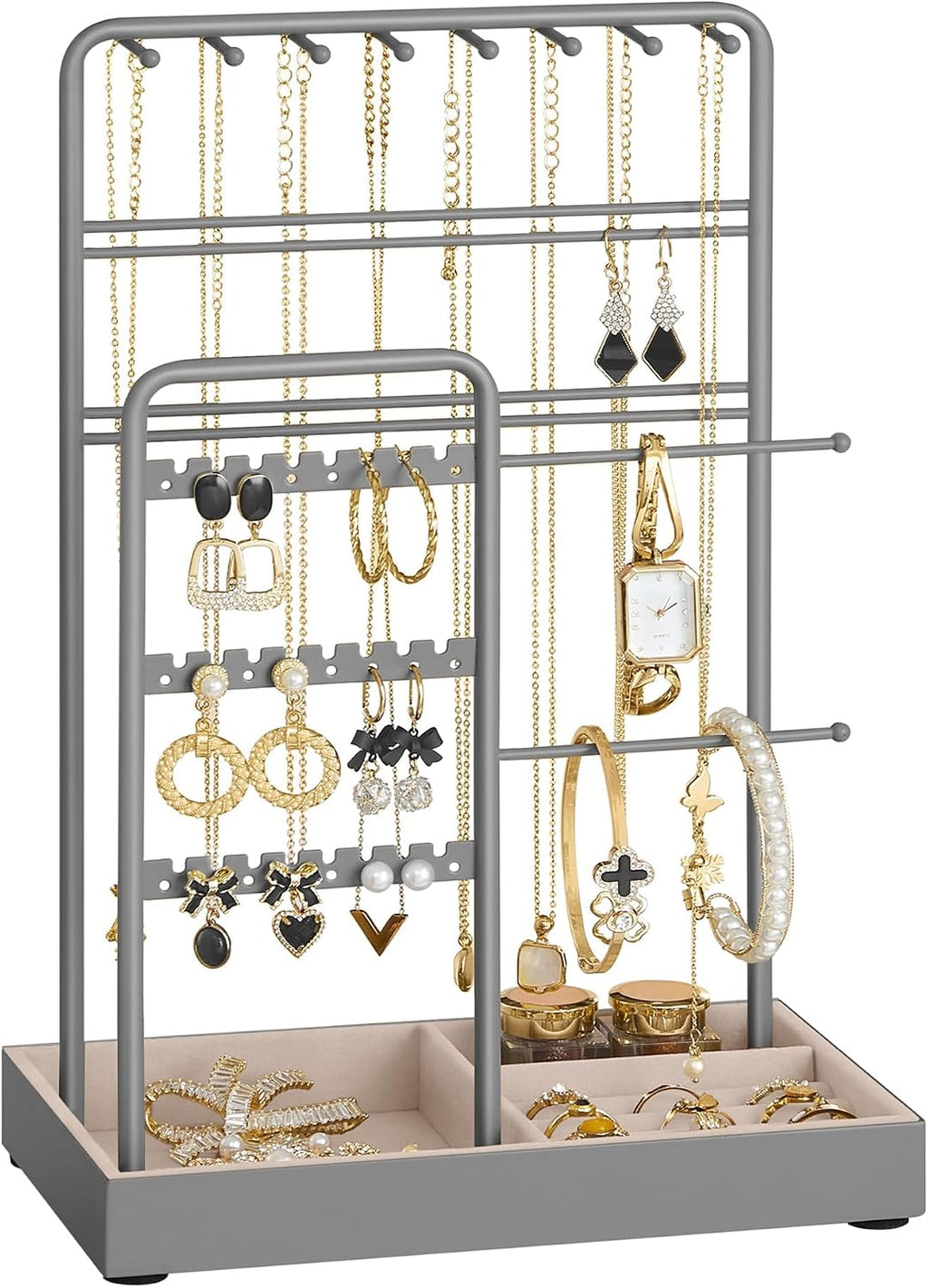 SONGMICS Necklace Holder, Jewelry Stand Holder Organizer, Jewelry Display with Metal Frame, Velvet Tray, Earring Bracelet Holder, for Gift Idea, 4.5 X 7.7 X 12.1 Inch, Pale Gold UJJS021A01