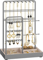 SONGMICS Necklace Holder, Jewelry Stand Holder Organizer, Jewelry Display with Metal Frame, Velvet Tray, Earring Bracelet Holder, for Gift Idea, 4.5 X 7.7 X 12.1 Inch, Pale Gold UJJS021A01