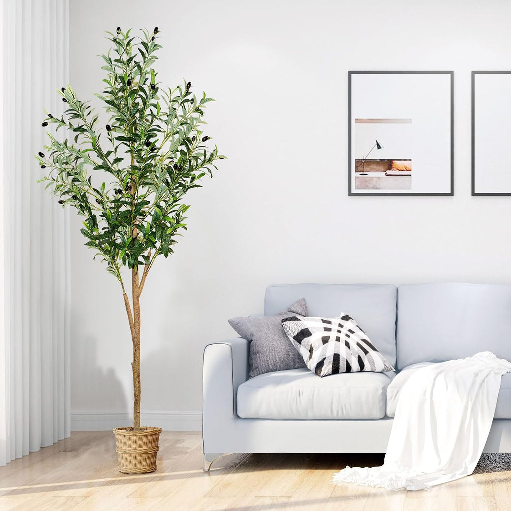 6Ft Faux Olive Tree, Artificial Olive Tree Indoor, High Imitation Silk Plant Fake Olive Tree with Realistic Leaves and Fruits, Suitable for Home Living Room Office Decoration