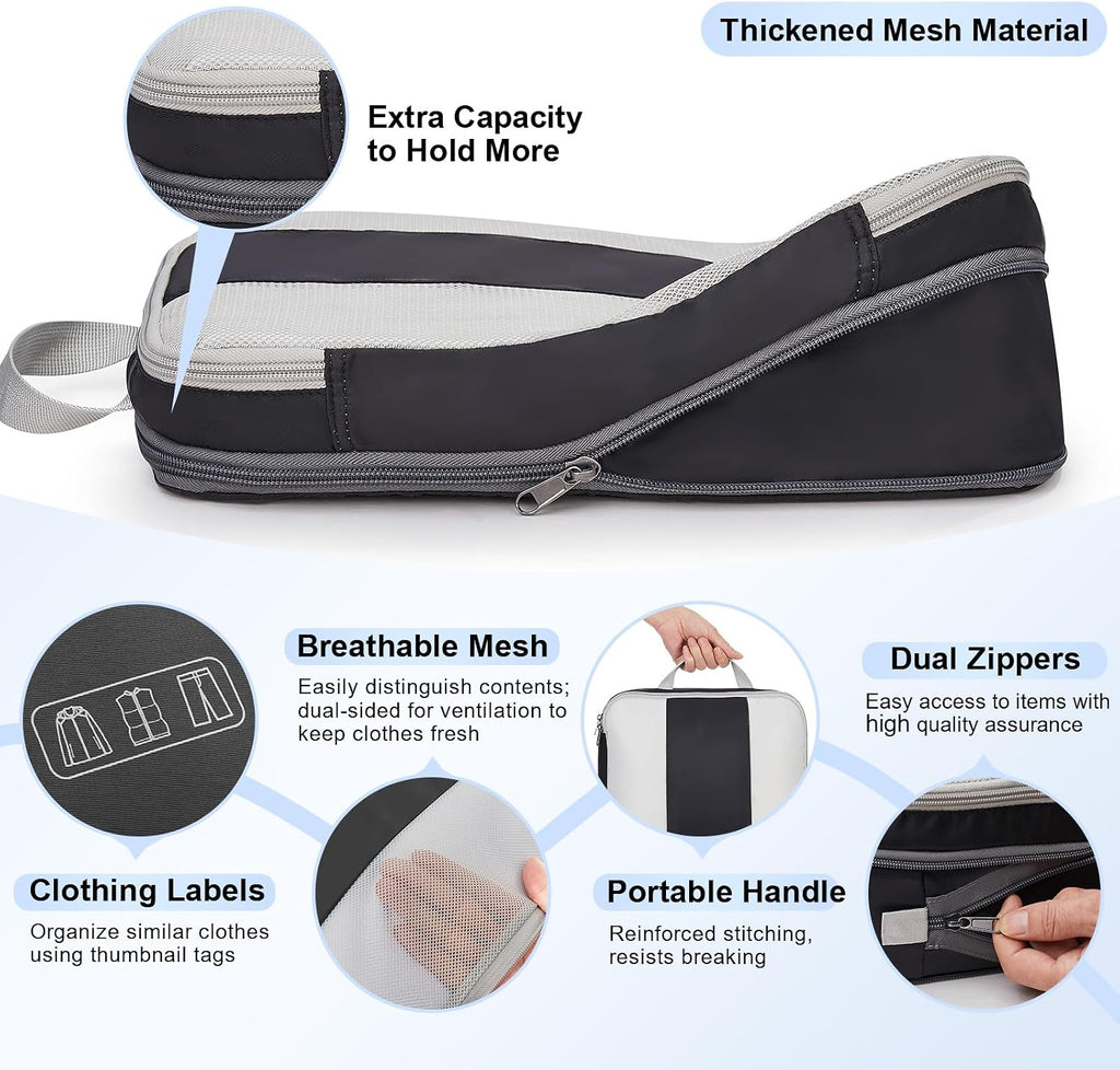 Black compression packing cubes with mesh panels for organized travel luggage