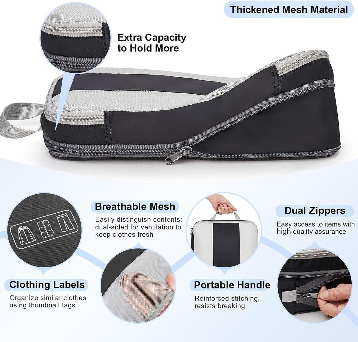 Black compression packing cubes with mesh panels for organized travel luggage