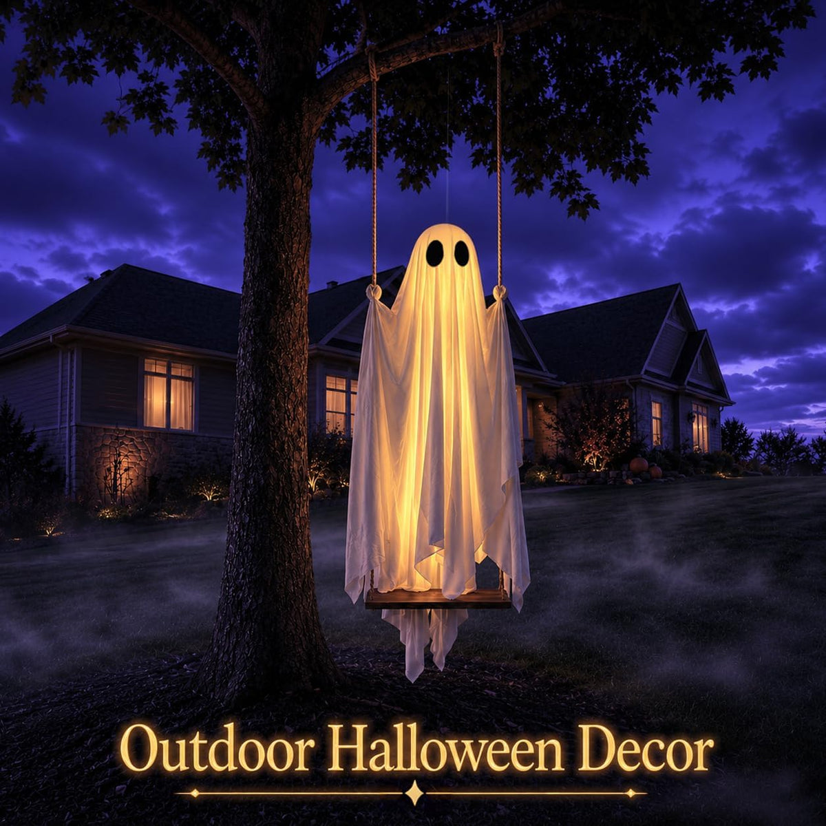 Halloween hanging ghost swing displayed outdoors for a spooky holiday scene
