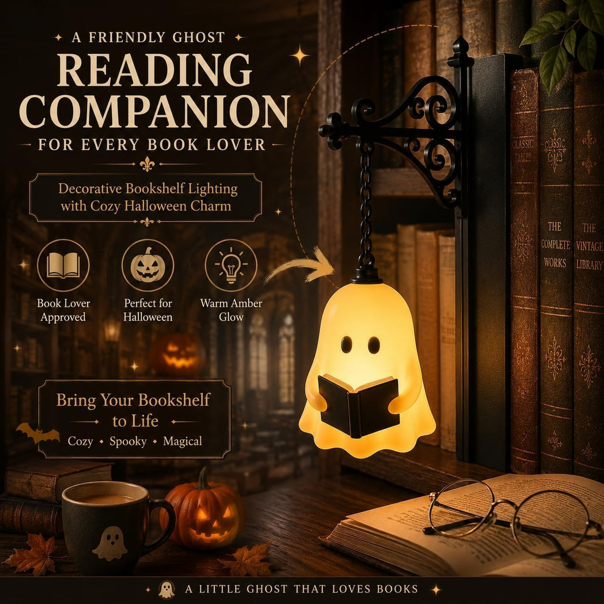 Library lantern ghost lamp displayed on a bookshelf with warm glowing light