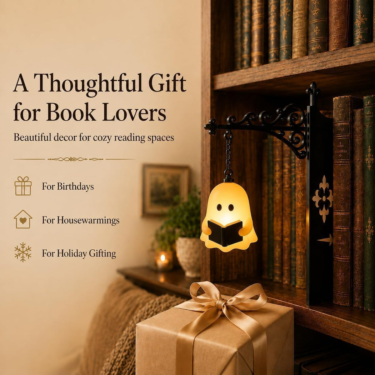Ghost nightlight displayed among books for cozy literary home decor
