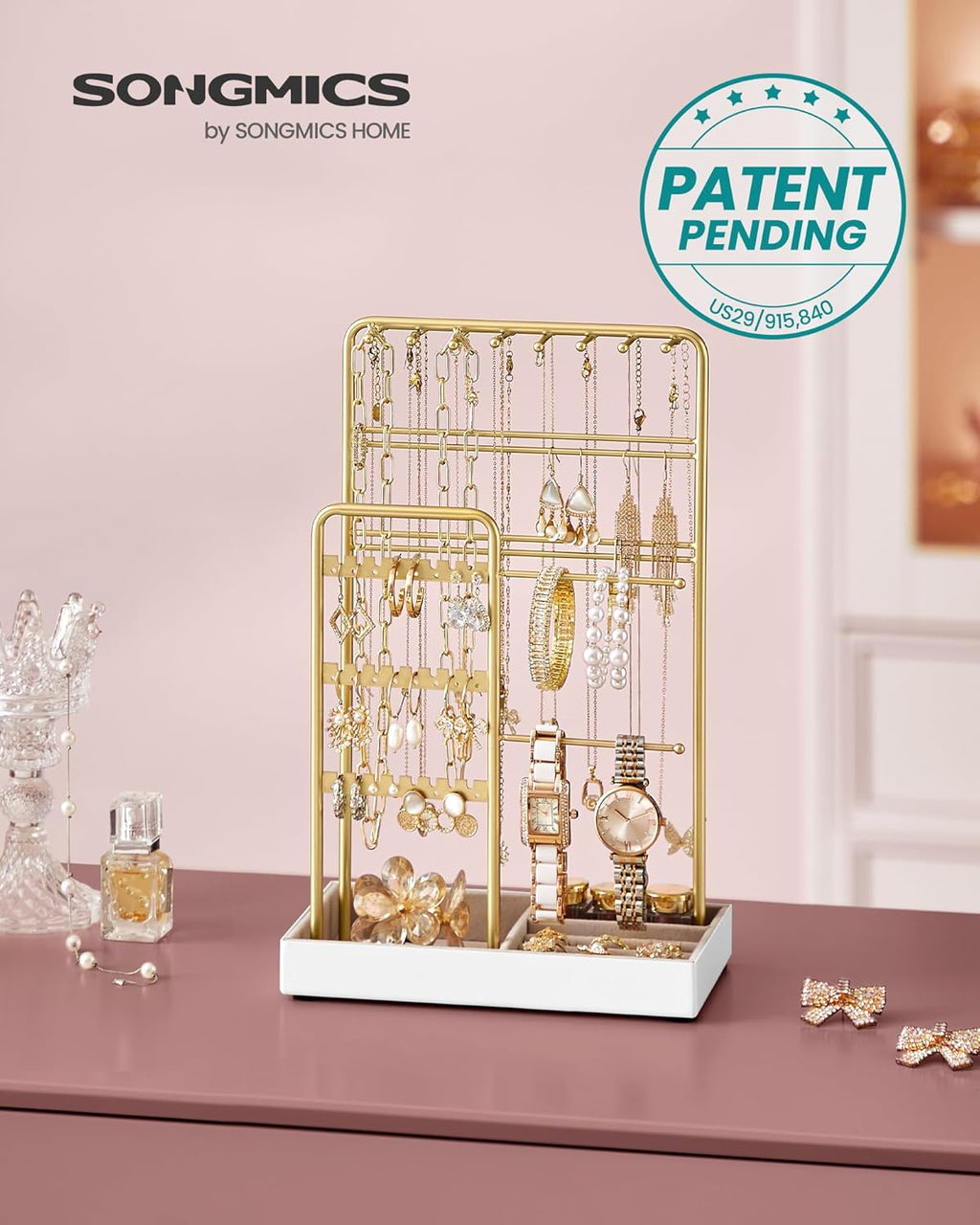 SONGMICS Necklace Holder, Jewelry Stand Holder Organizer, Jewelry Display with Metal Frame, Velvet Tray, Earring Bracelet Holder, for Gift Idea, 4.5 X 7.7 X 12.1 Inch, Pale Gold UJJS021A01