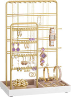 SONGMICS Necklace Holder, Jewelry Stand Holder Organizer, Jewelry Display with Metal Frame, Velvet Tray, Earring Bracelet Holder, for Gift Idea, 4.5 X 7.7 X 12.1 Inch, Pale Gold UJJS021A01
