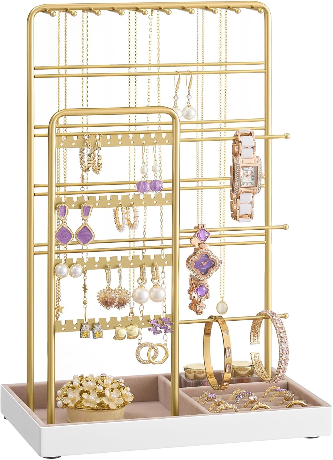 SONGMICS Necklace Holder, Jewelry Stand Holder Organizer, Jewelry Display with Metal Frame, Velvet Tray, Earring Bracelet Holder, for Gift Idea, 4.5 X 7.7 X 12.1 Inch, Pale Gold UJJS021A01