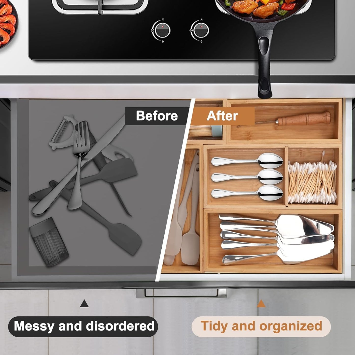 5-Pack Bamboo Drawer Organizers, Multi-Purpose Wooden Dividers for Kitchen, Office, Jewelry & Cosmetics, Desk & Drawer Storage, Gift Idea