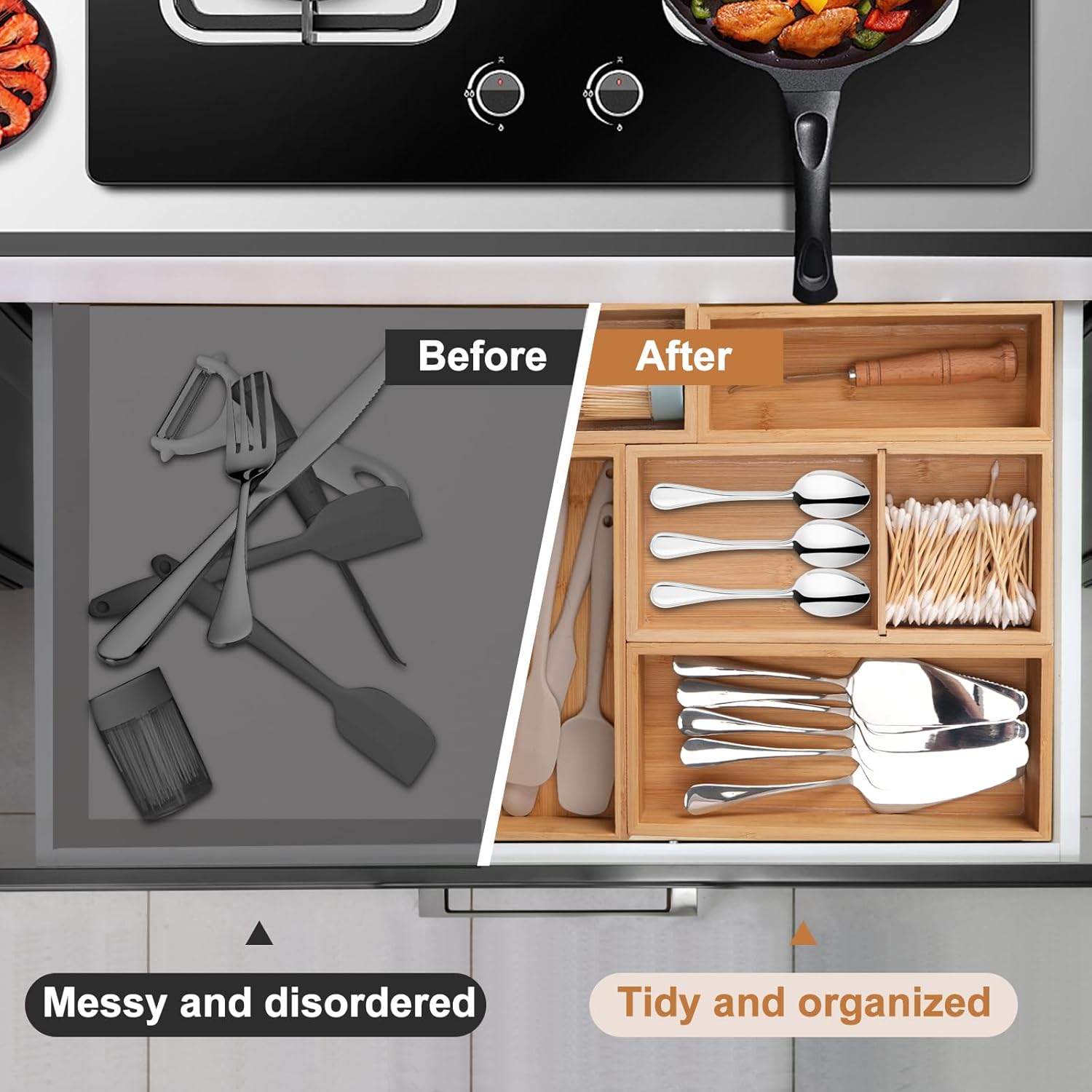 5-Pack Bamboo Drawer Organizers, Multi-Purpose Wooden Dividers for Kitchen, Office, Jewelry & Cosmetics, Desk & Drawer Storage, Gift Idea