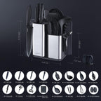 RAXCO Kitchen Utensils Set,18-Piece Cooking Utensils and Knife Set,Black | Food-Grade Silicone Heat-Safe to 410°F, Detachable Stainless Steel Holder, 5 Kitchen Knives and Cutting Board All-In-One