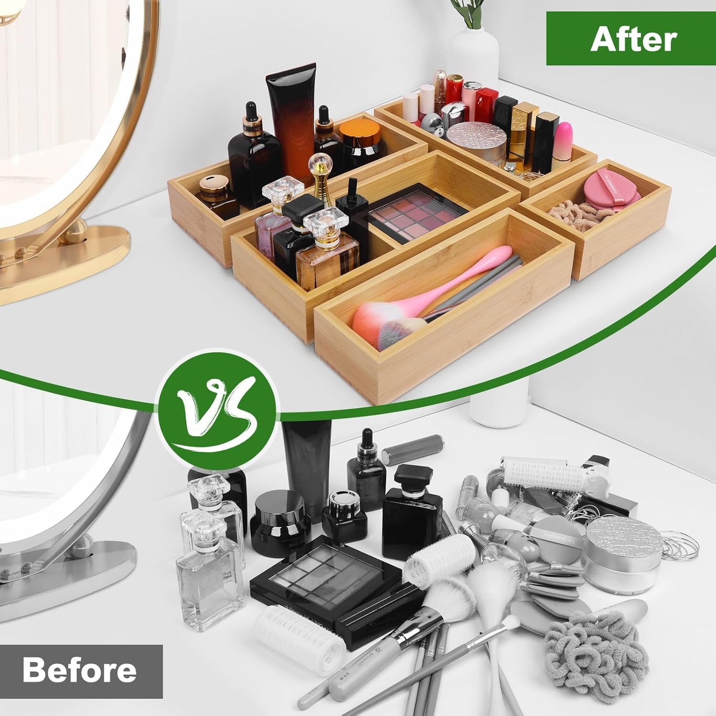 Bamboo Drawer Organizer Set, 5 PCS Multi-Use Individual Wood Storage Organizers, , Office Desk, Makeup, Jewelry, Utensils