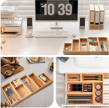 5-Pack Bamboo Drawer Organizers, Multi-Purpose Wooden Dividers for Kitchen, Office, Jewelry & Cosmetics, Desk & Drawer Storage, Gift Idea