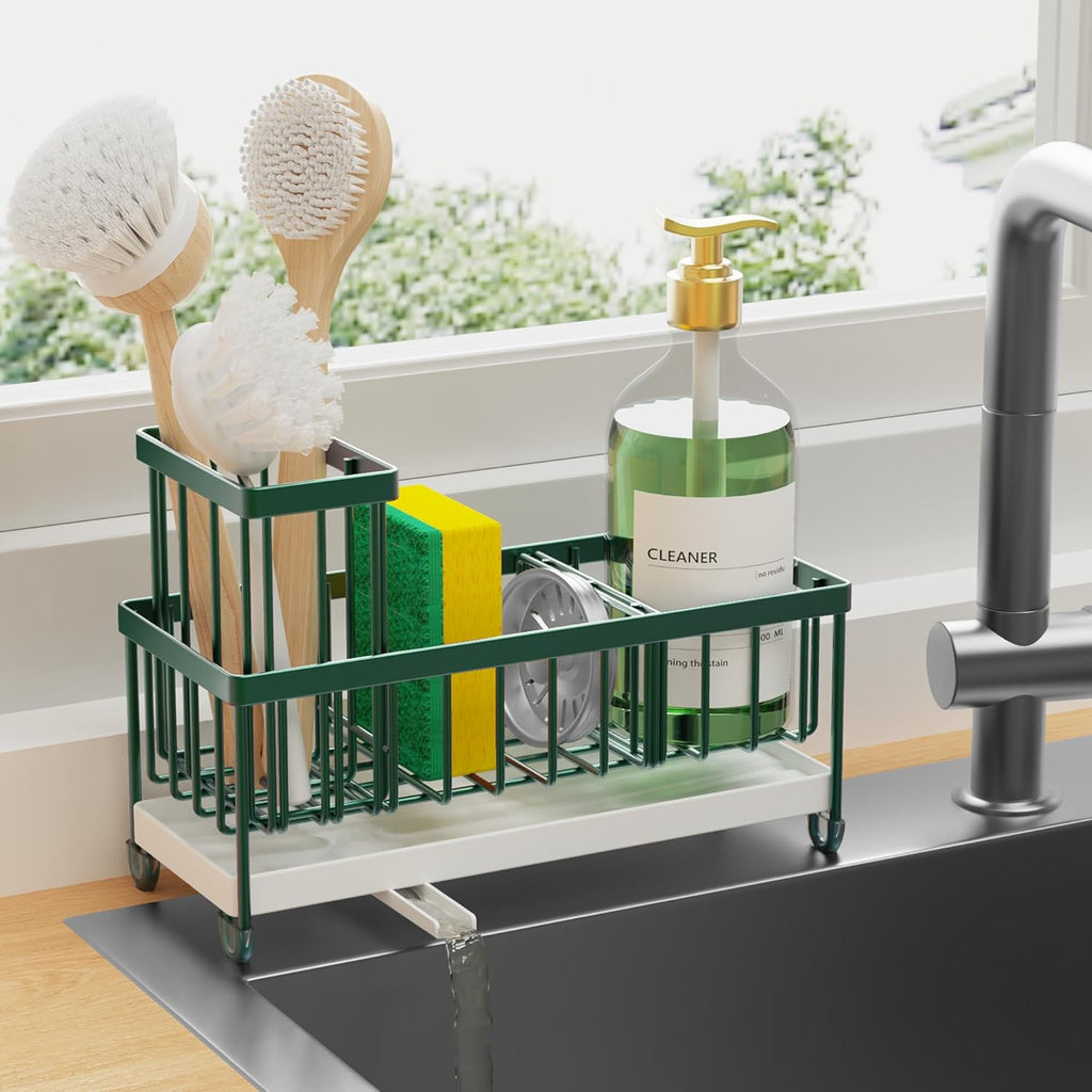 Cisily Black Sponge Holder for Kitchen Sink, Sink Caddy Organizer with High Brush Holder, Kitchen Countertop Organizers and Storage Essentials, Rustproof 304 Stainless Steel, Soap Dispenser Organize